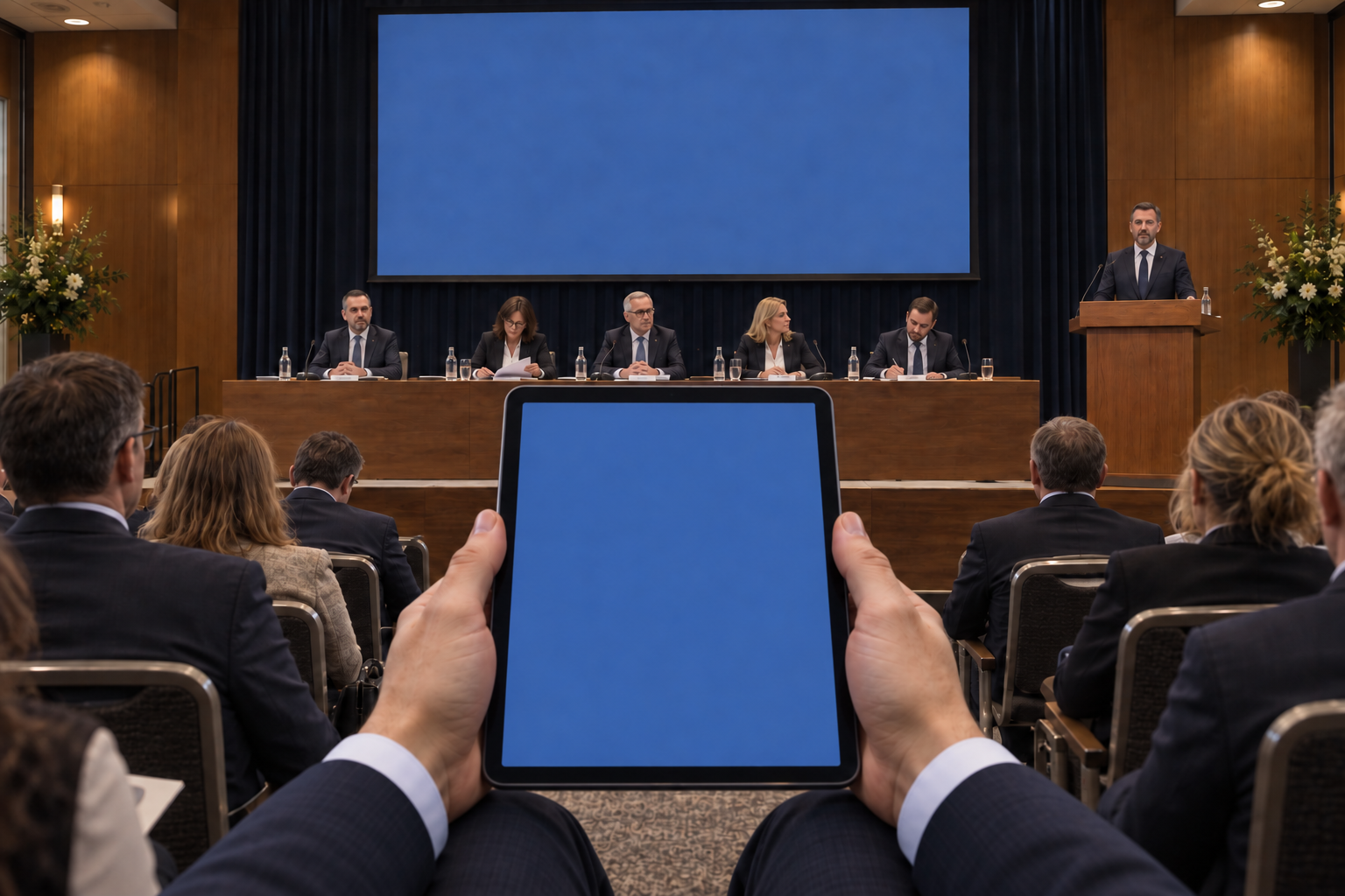 Widok oczami siedzącego uczestnika: pięć osób w prezydium, prezes przy mównicy po prawej, ekran projekcyjny za sceną i pionowy tablet trzymany oburącz na pierwszym planie.